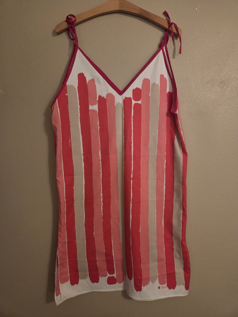 VERA NEUMANN Vintage Pink Red Taupe Cotton Watercolor Brushstroke Slip Dress M